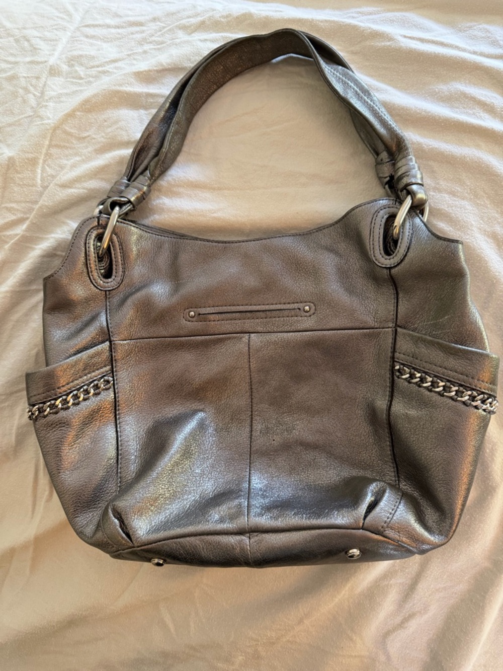 b. makowsky Metallic Gray Leather Shoulder Satchel - Picture 4 of 10